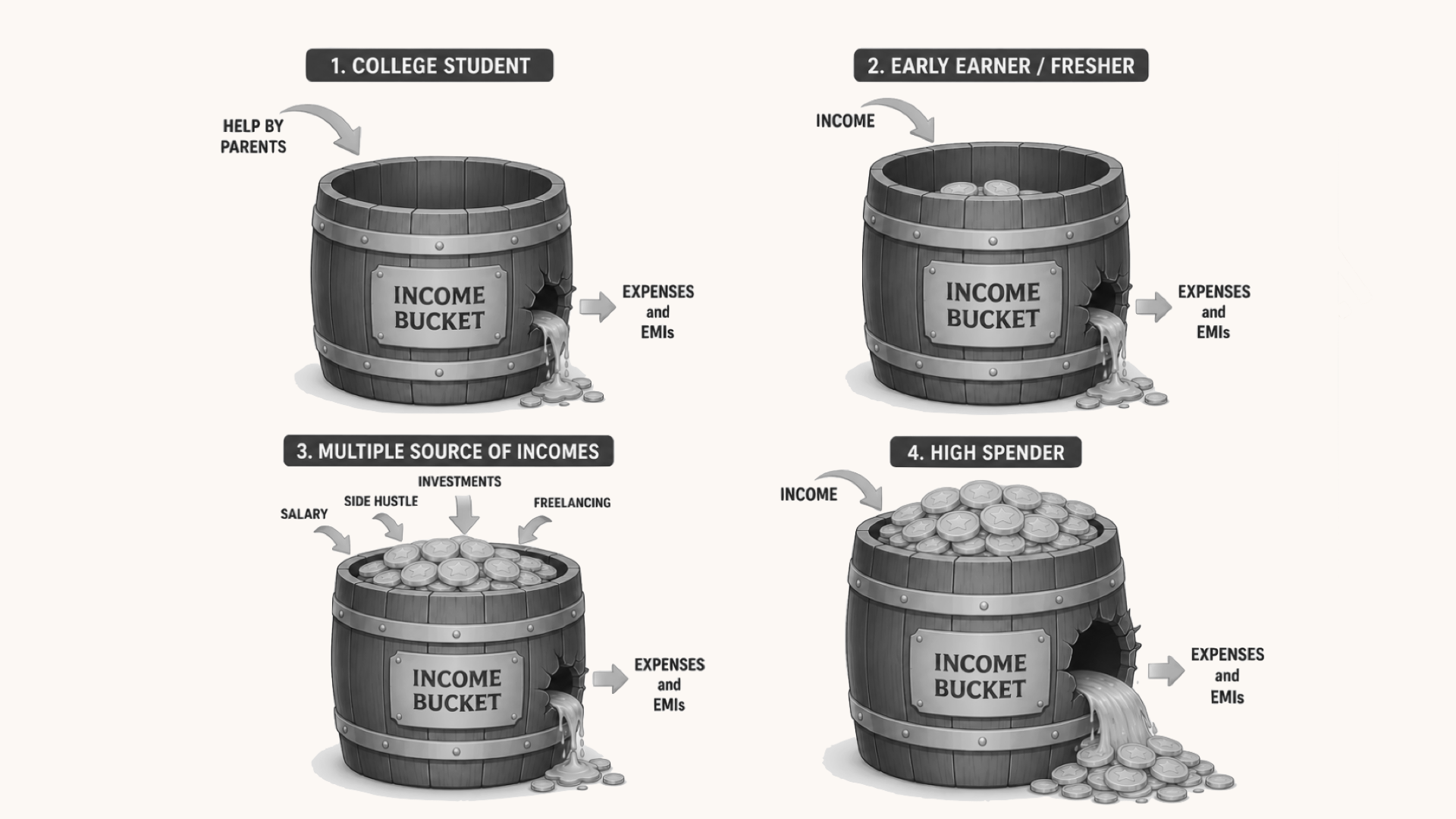 Different profiles — from college student to high earner — all with the same leaky bucket problem