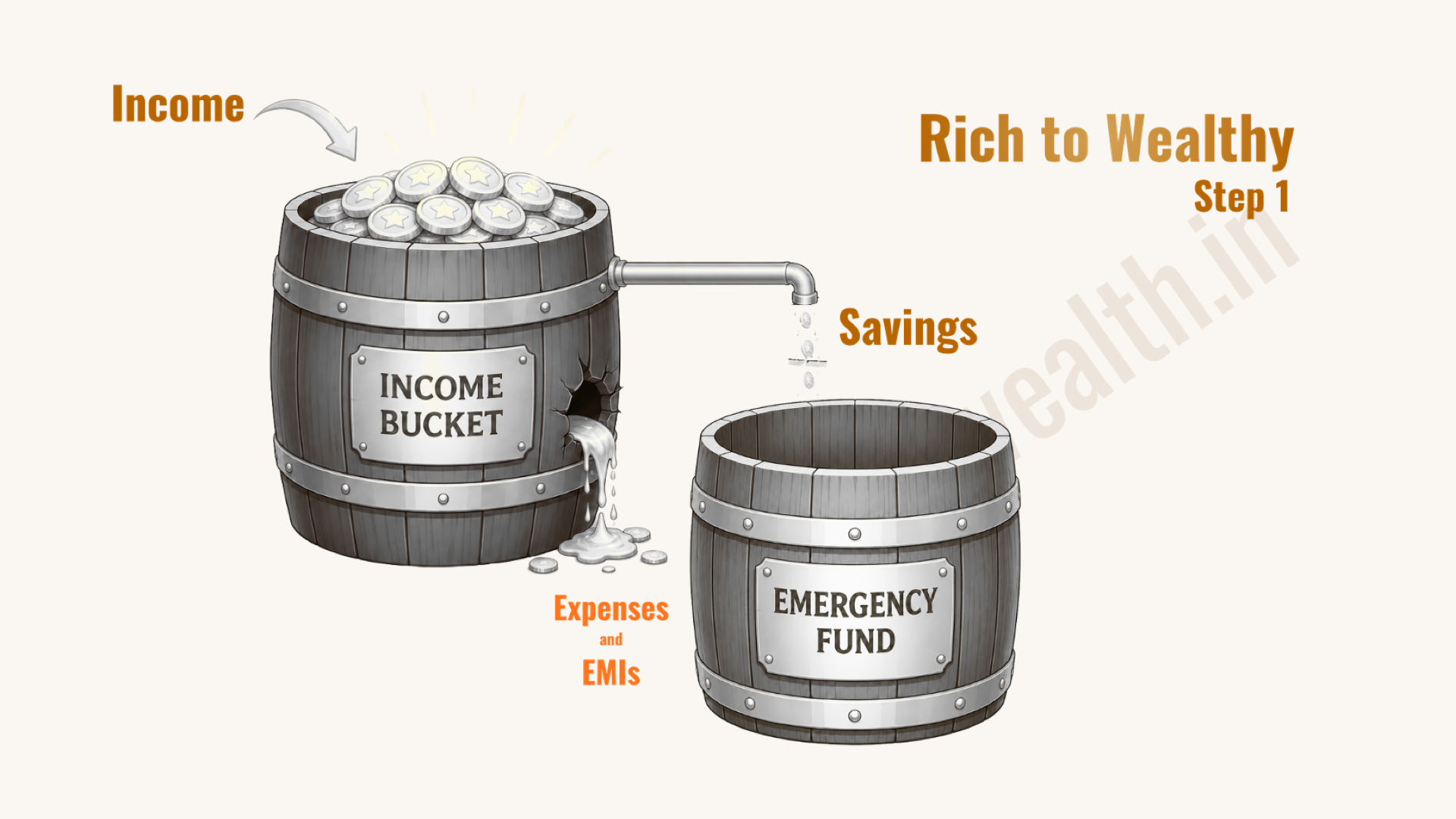 Step 1 — redirect a portion of income into an emergency fund before expenses drain it