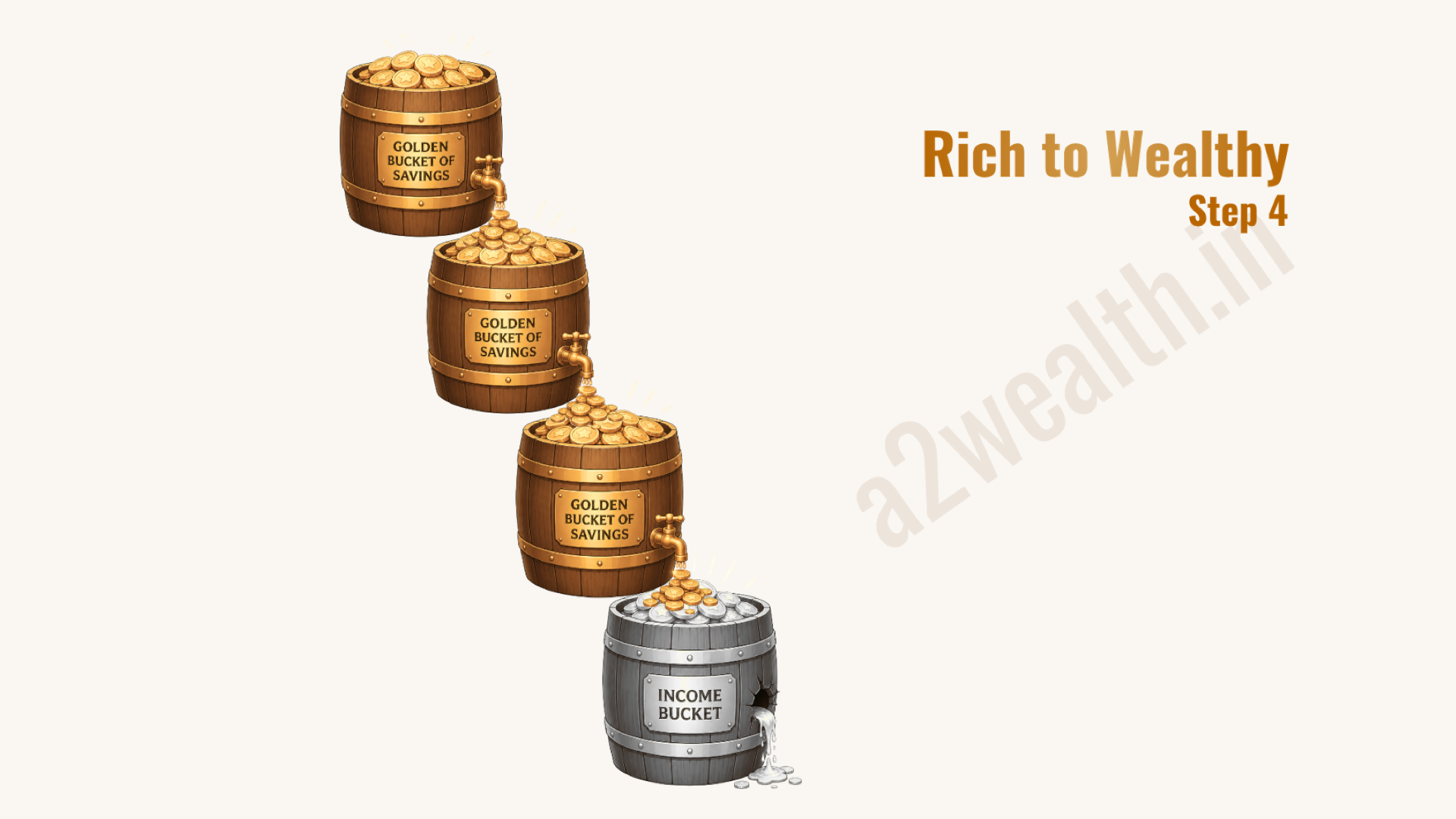 The wealth cascade — multiple golden buckets feeding each other into a self-sustaining system