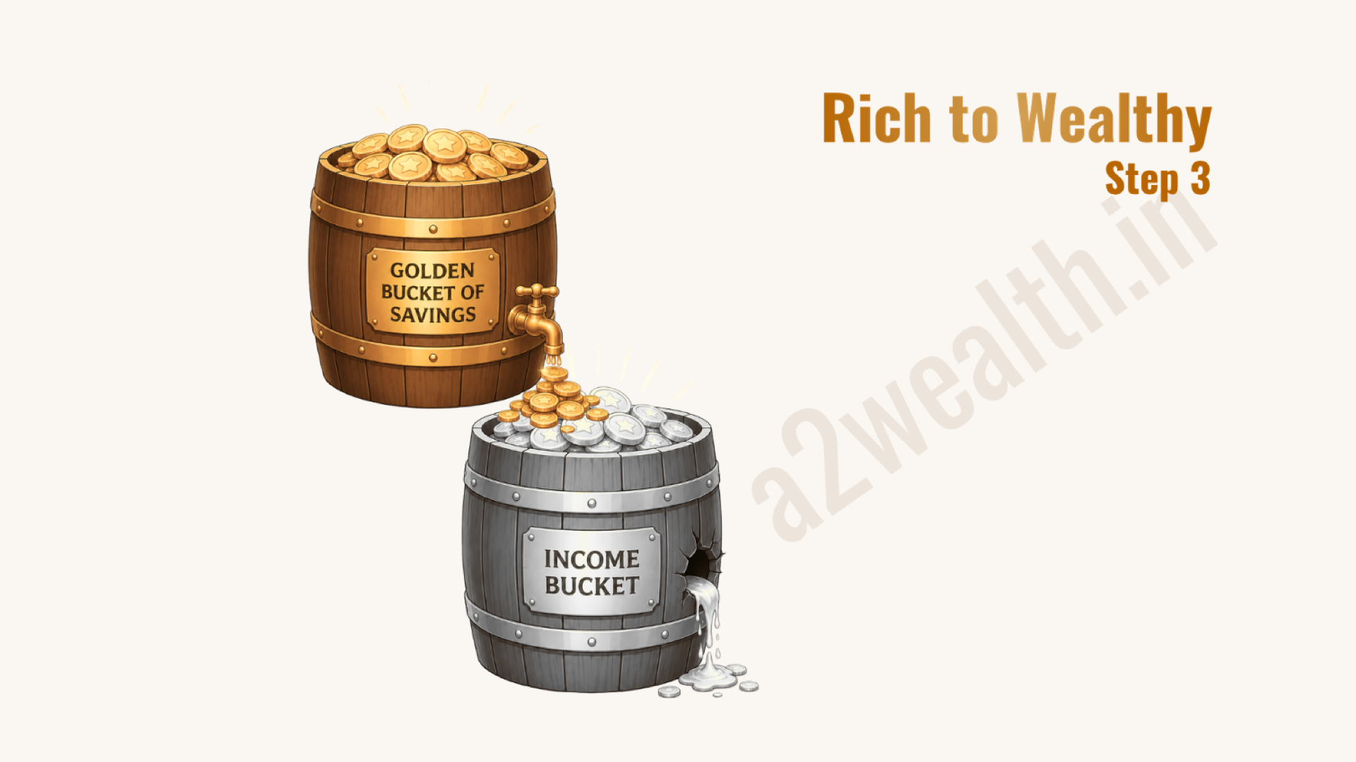 Step 3 — returns from the golden bucket overflow into more investment buckets, building a cascade